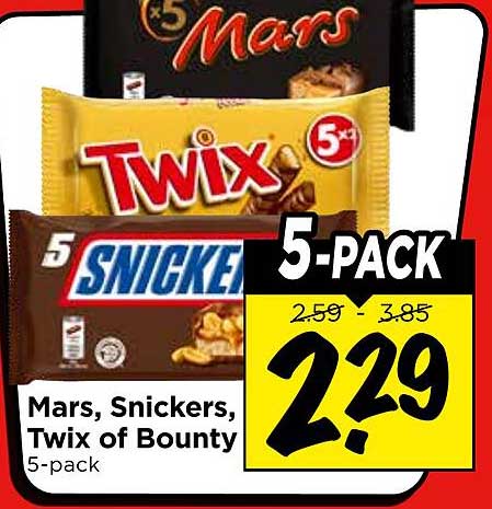 Mars, Snickers, Twix of Bounty 5-pack