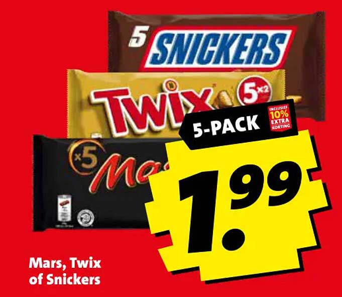 Mars, Twix of Snickers 5-PACK inclusief 10% extra korting