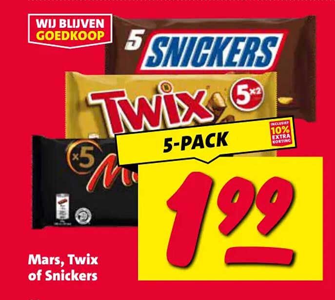 Mars, Twix of Snickers 5-PACK inclusief 10% extra korting