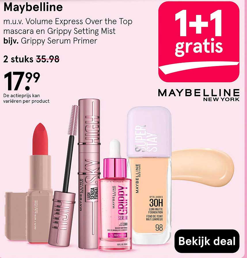 Maybelline m.u.v. Volume Express Over the Top mascara en Grippy Setting Mist bijz. Grippy Serum Primer 1+1 gratis