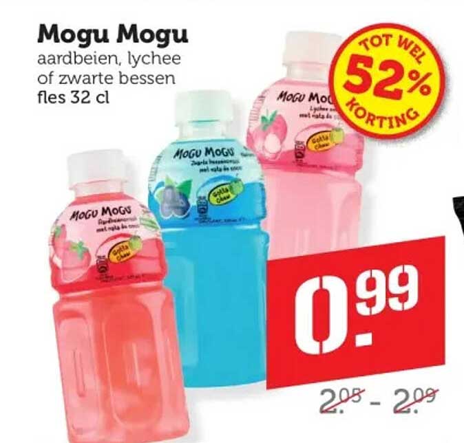 Mogu Mogu aardbeien, lychee of zwarte bessen fles 32 cl
