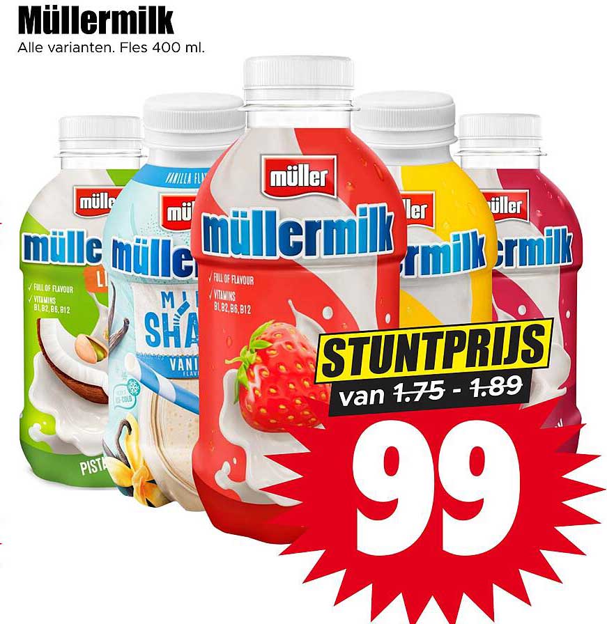 Müllermilk Alle varianten. Fles 400 ml.