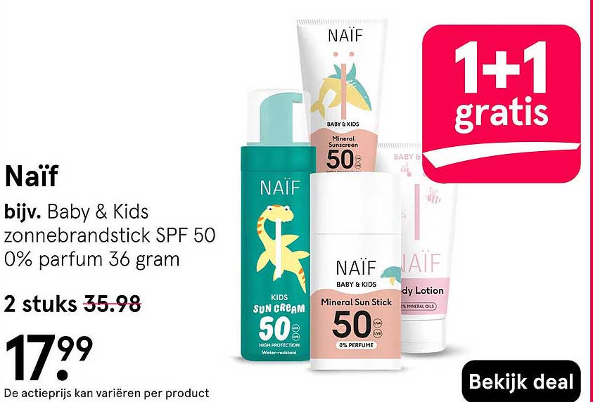 Naïf bijv. Baby & Kids zonnebrandstick SPF 50 0% parfum 36 gram 1+1 gratis
