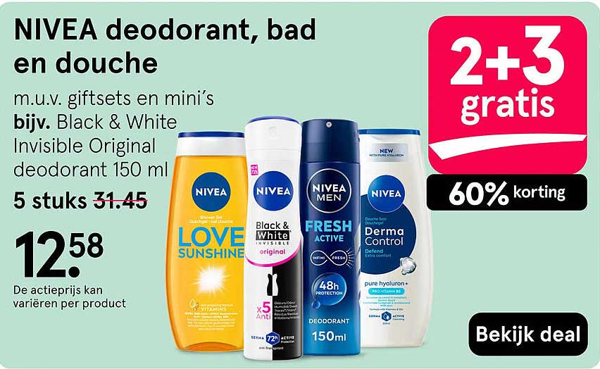 NIVEA deodorant, bad en douche 2+3 gratis