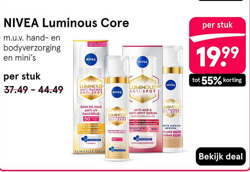 NIVEA Luminous Core m.u.v. hand- en bodyverzorging en mini’s per stuk tot 55% korting