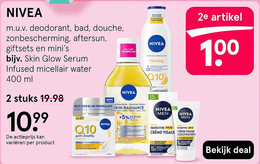 NIVEA m.u.v. deodorant, bad, douche, zonbescherming, aftersun, giftsets en mini’s bijv. Skin Glow Serum Infused micellar water 400 ml 2e artikel