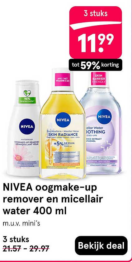 NIVEA oogmake-up remover en micellair water 400 ml 3 stuks tot 59% korting
