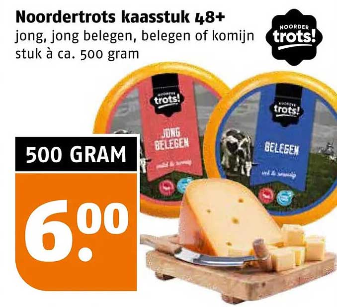 Noordertrots kaasstuk 48+ jong, jong belegen, belegen of komijn stuk à ca. 500 gram