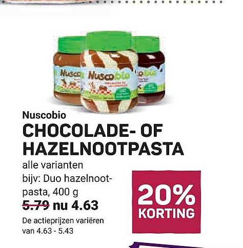 Nuscobio CHOCOLADE- OF HAZELNOOTPasta 20% KORTING