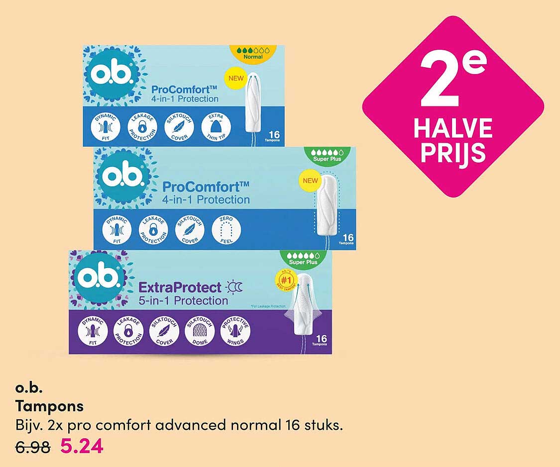 o.b. Tampons Bijv. 2x pro comfort advanced normal 16 stuks 2e halve prijs