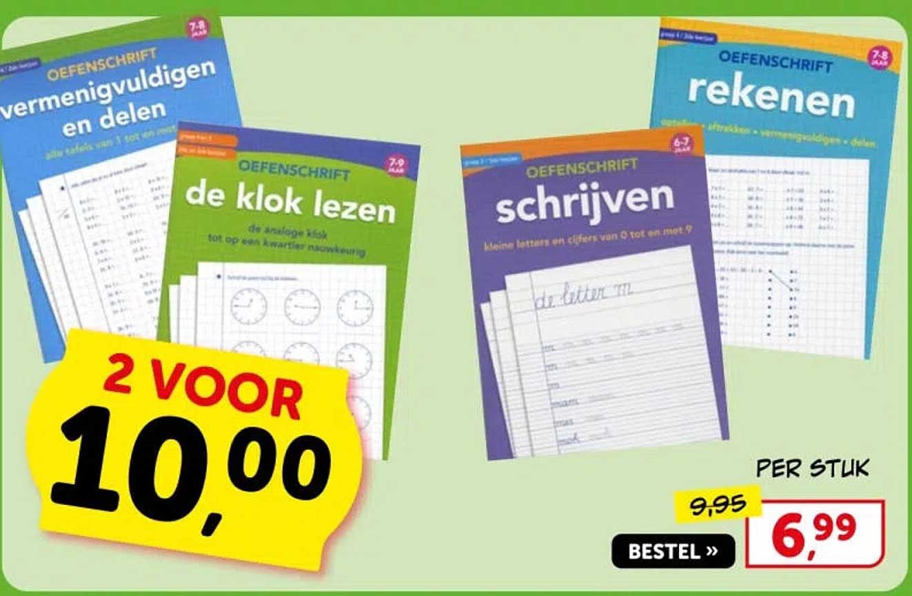 Oefenschrift rekenen, vermenigvuldigen en delen, de klok lezen, schrijven 2 voor 10,00