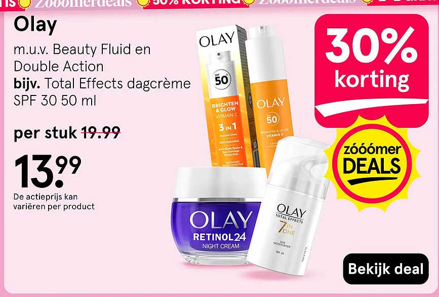 Olay m.u.v. Beauty Fluid en Double Action bijv. Total Effects dagcrème SPF 30 50 ml 30% korting
