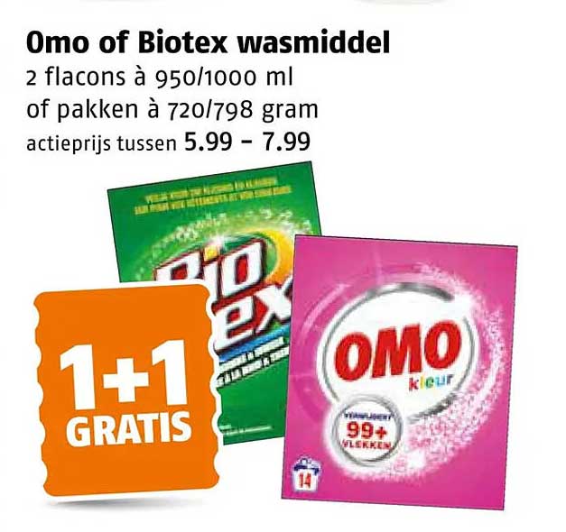 Omo of Biotex wasmiddel 1+1 GRATIS
