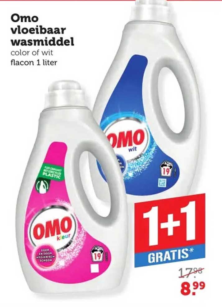 Omo vloeibaar wasmiddel color of wit flacon 1 liter 1+1 GRATIS*
