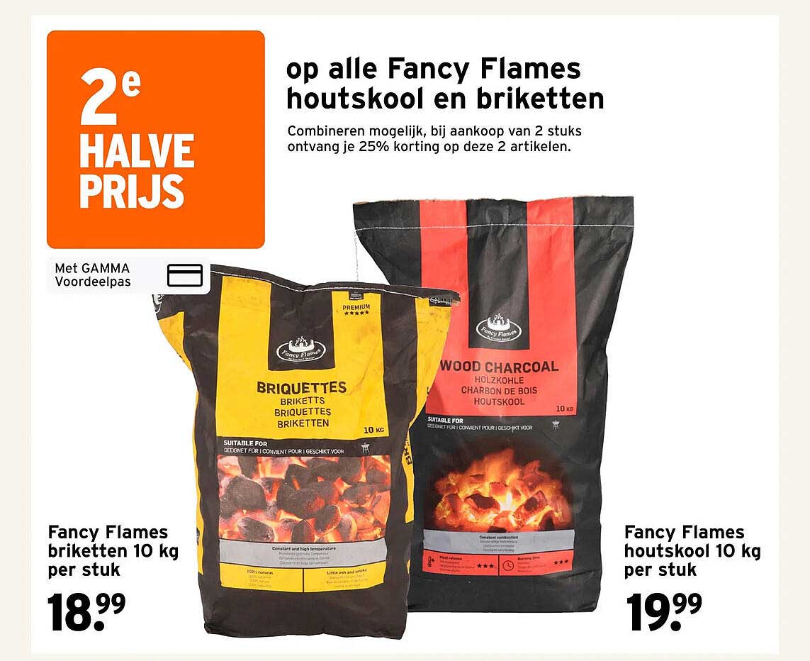 op alle Fancy Flames houtskool en briketten 2e halve prijs