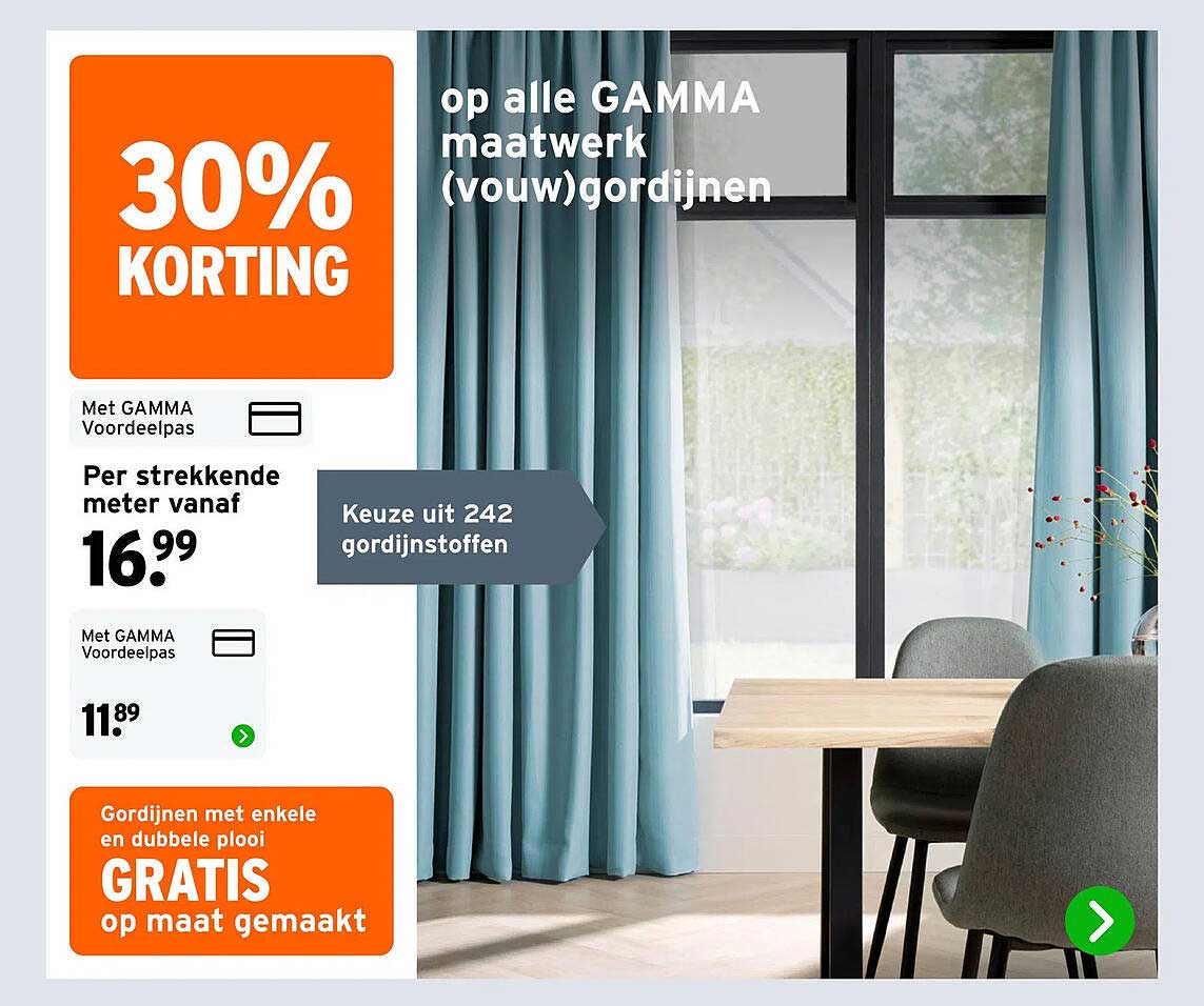 op alle GAMMA maatwerk (vouw)gordijnen