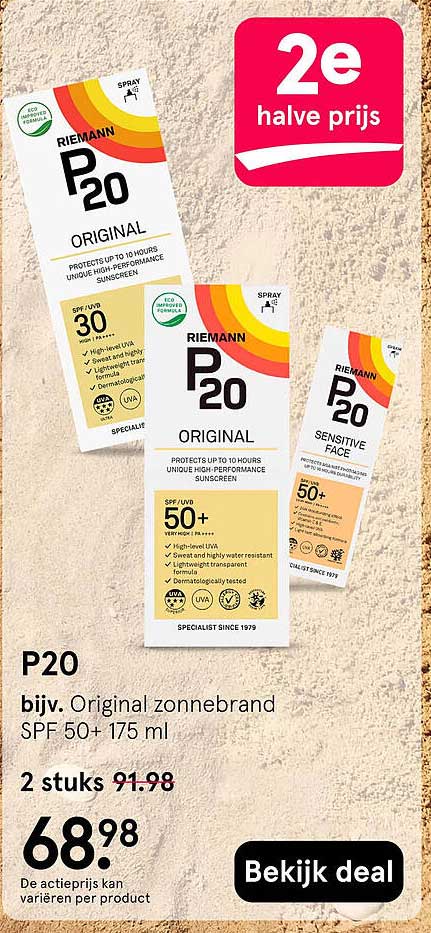 P20 bijv. Original zonnebcrand SPF 50+ 175 ml 2e halve prijs