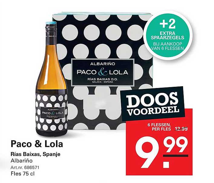 Paco & Lola Rías Baixas, Spanje Albariño DOOS VOORDEEL +2 EXTRA SPAARZEGELS BIJ AANKOOP VAN 6 FLESSEN