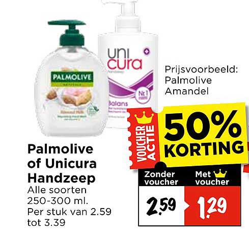 Palmolive of Unicura Handzeep Alle soorten 250-300 ml. Per stuk van 2.59 tot 3.39 50% korting