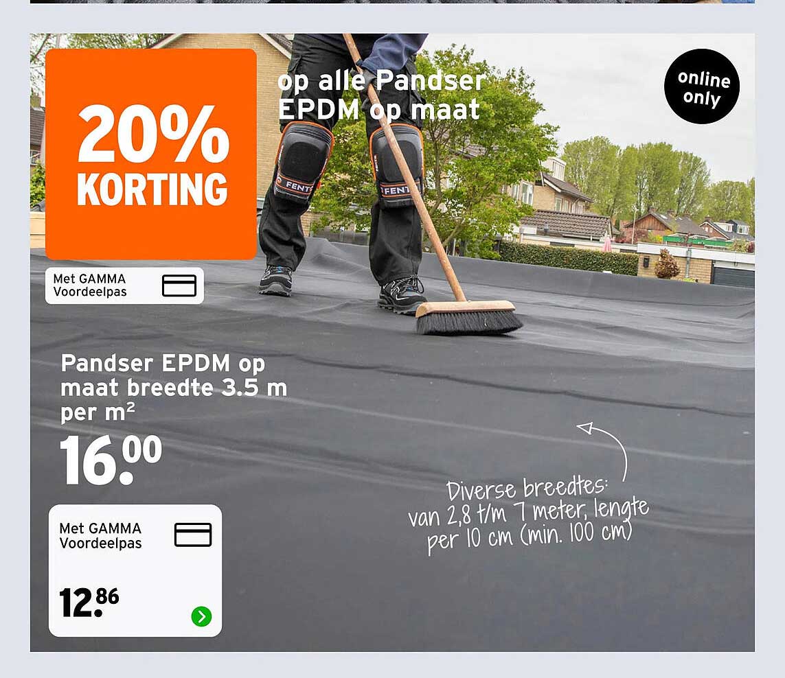 Pandser EPDM op maat breedte 3.5 m per m² 20% KORTING
