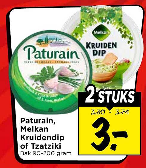 Paturain, Melkan Kruidendip of Tzatziki Bak 90-200 gram 2 STUKS