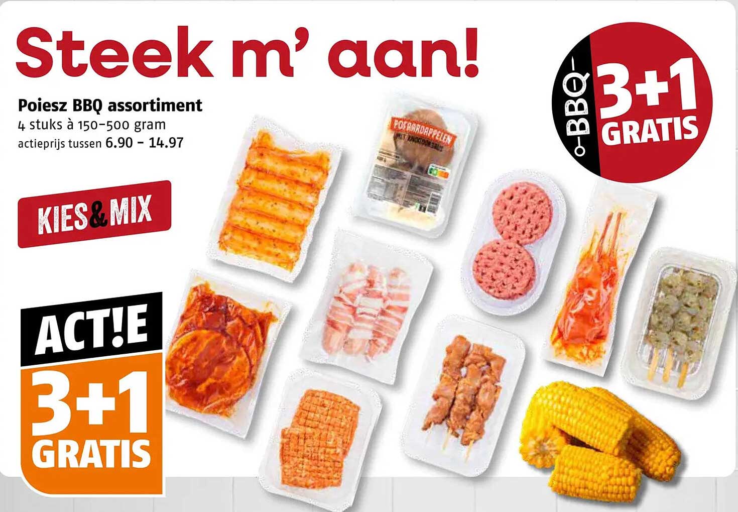 Poiesz BBQ assortiment 4 stuks à 150–500 gram 3+1 GRATIS