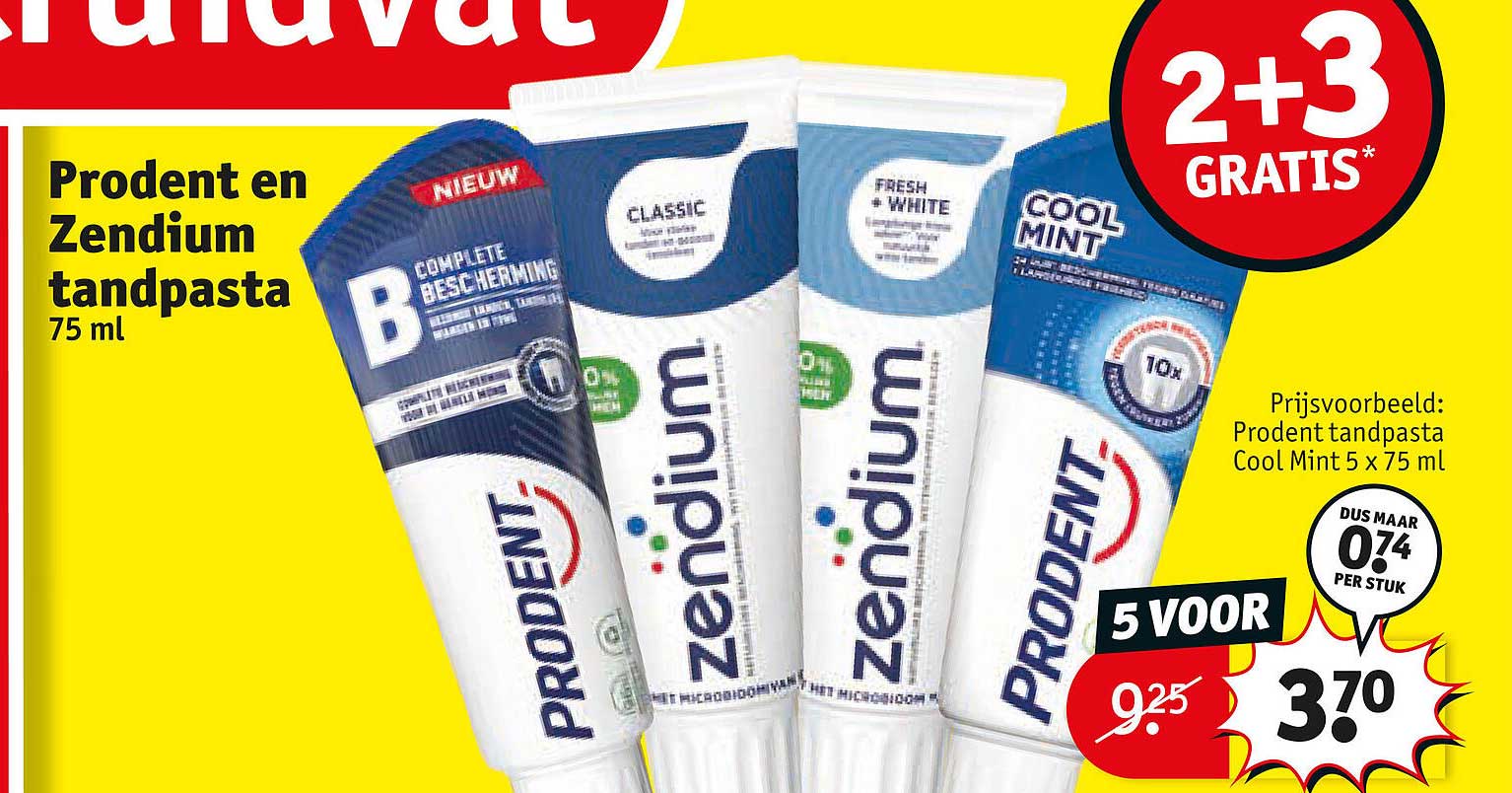 Prodent en Zendium tandpasta 75 ml 5 voor 2+3 gratis