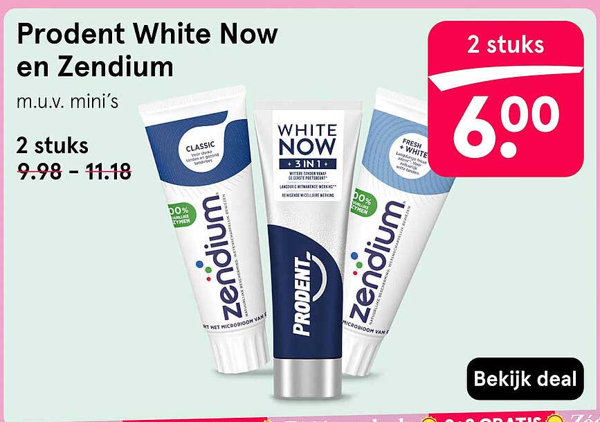 Prodent White Now en Zendium m.u.v. mini’s 2 stuks