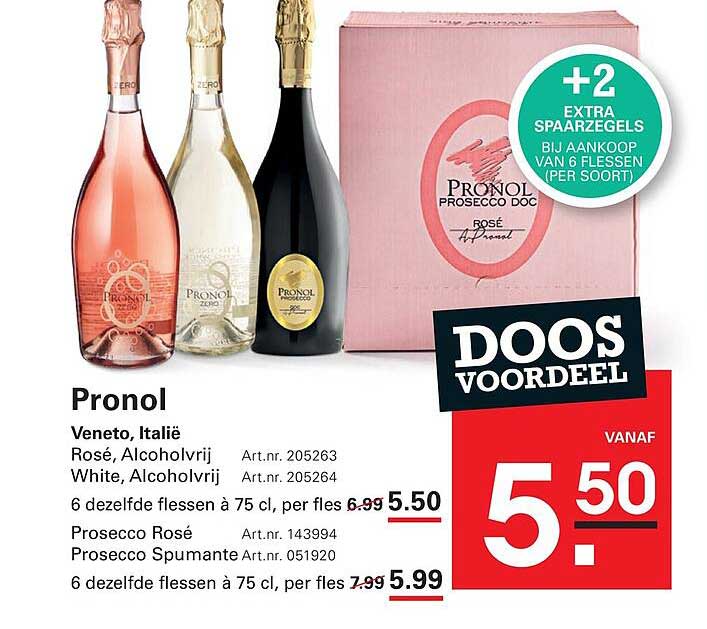 Pronol Prosecco Rosé, Prosecco Spumante 6 dezelfde flessen à 75 cl, per fles 5.50