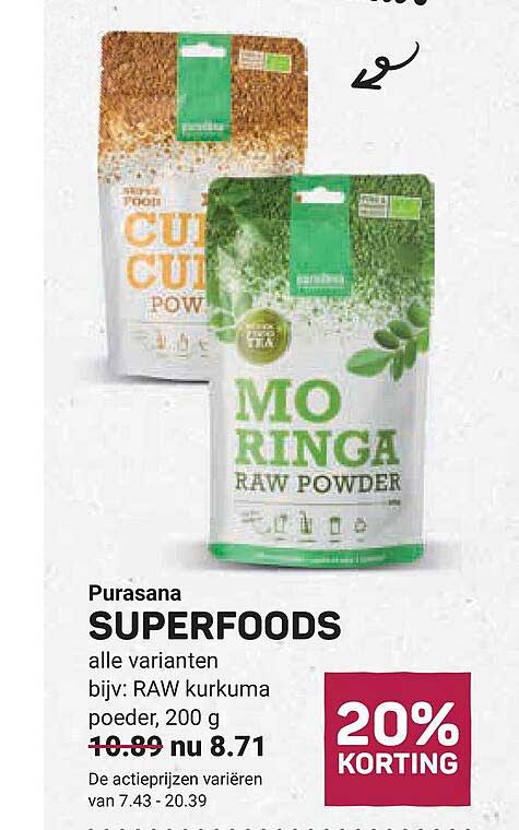 Purasana SUPERFOODS alle varianten bijv: RAW kurkuma poeder, 200 g 20% KORTING