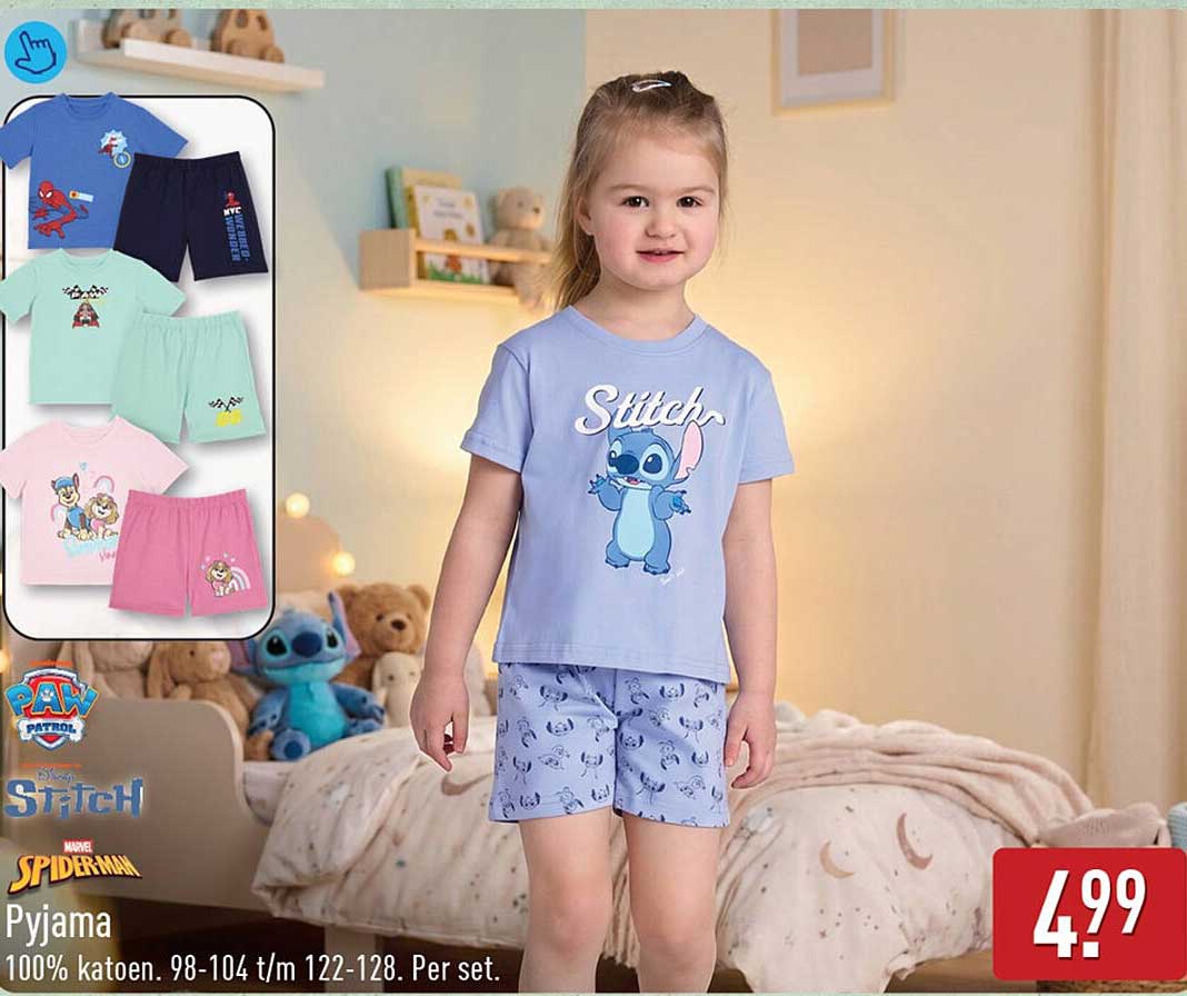 Pyjama 100% katoen. 98-104 t/m 122-128. Per set.
