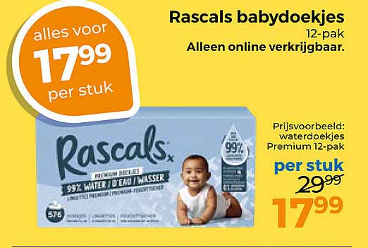 Rascals babydoekjes 12-pak Alleen online verkrijgbaar.