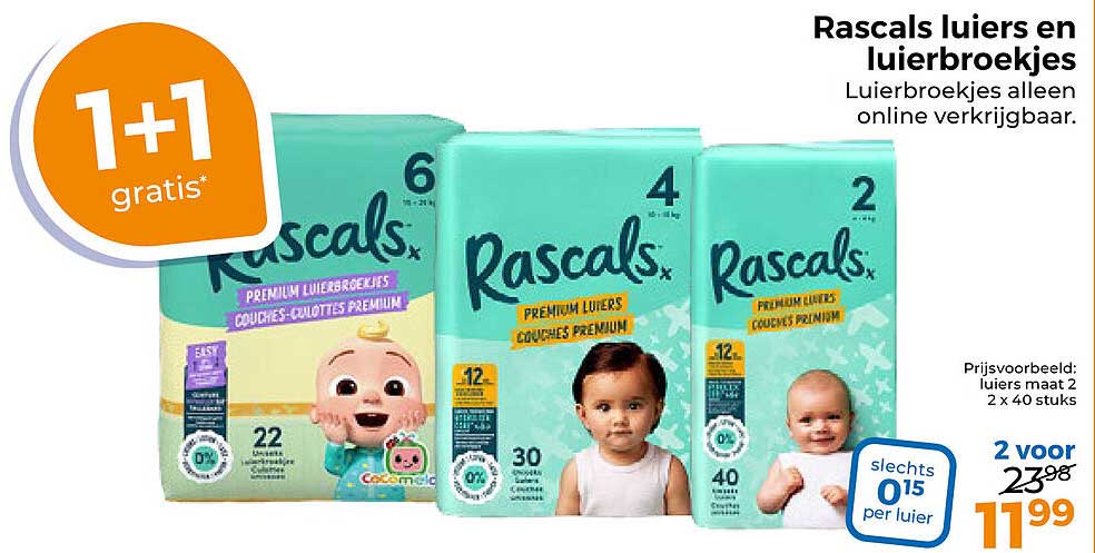 Rascals luiers en luierbroekjes 1+1 gratis