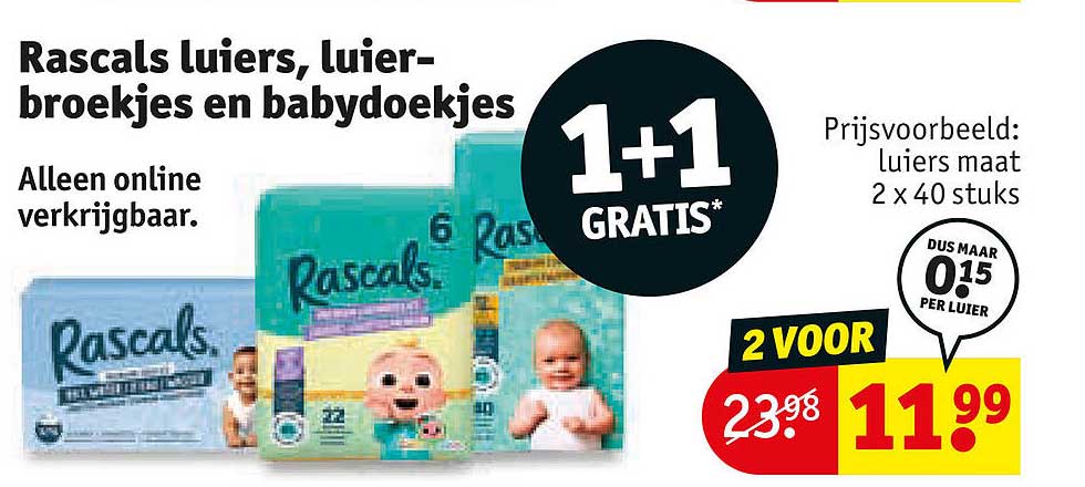 Rascals luiers, luierbroekjes en babydoekjes 1+1 GRATIS