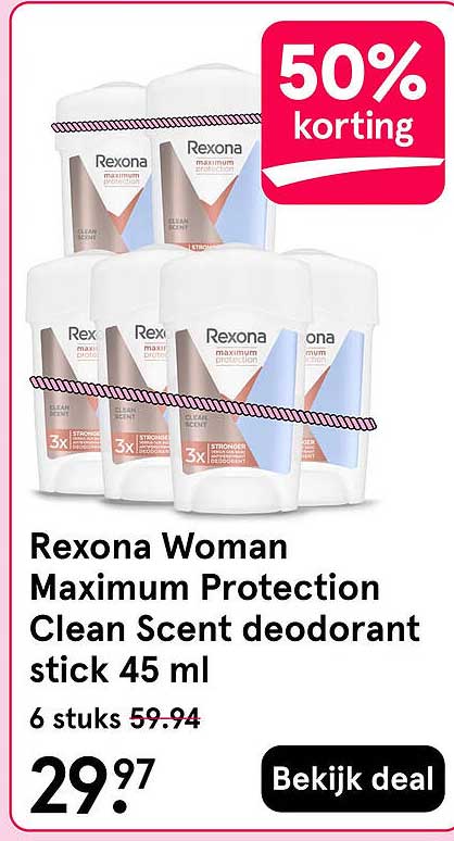 Rexona Woman Maximum Protection Clean Scent deodorant stick 45 ml 50% korting
