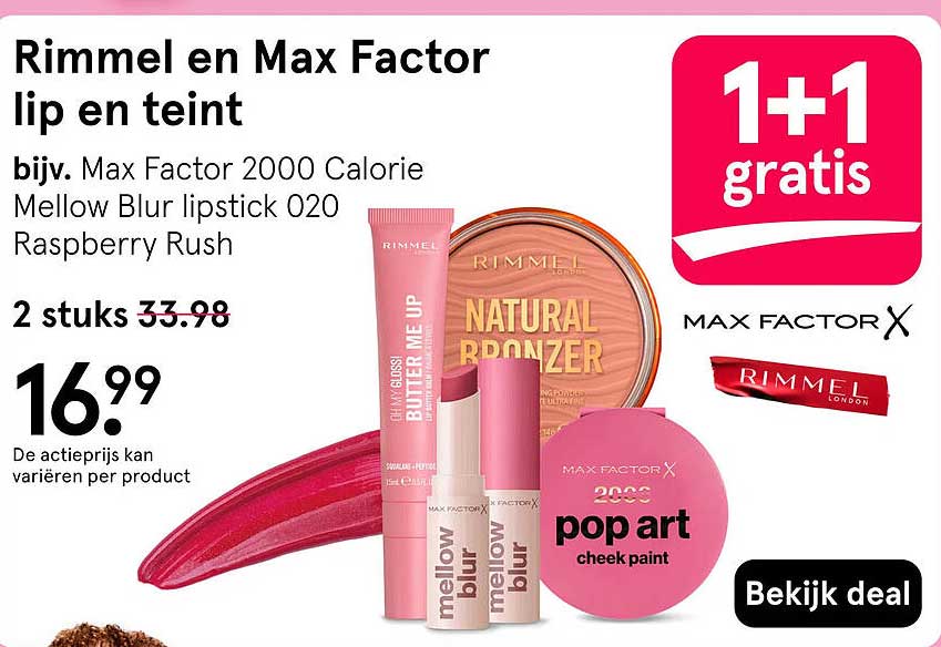 Rimmel en Max Factor lip en teint 1+1 gratis