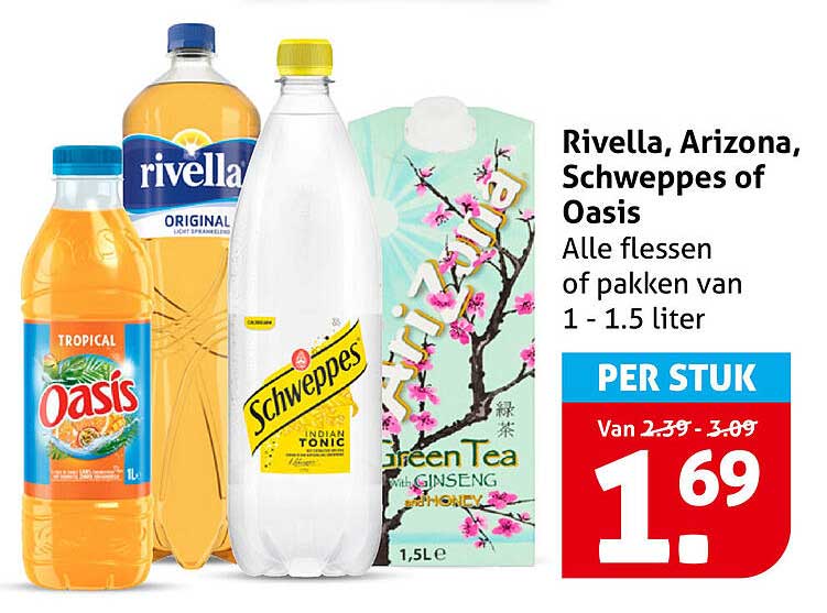 Rivella, Arizona, Schweppes of Oasis Alle flessen of pakken van 1 - 1.5 liter PER STUK