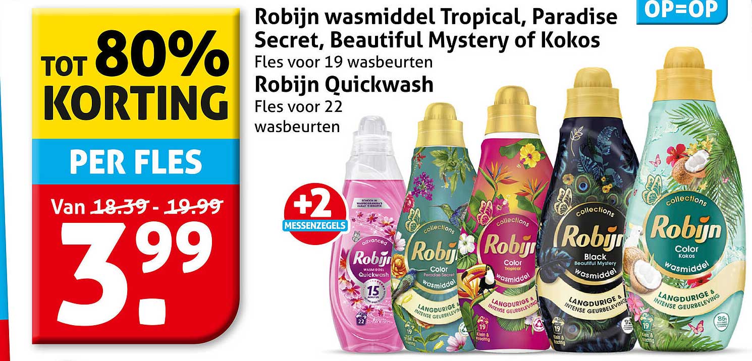 Robijn wasmiddel Tropical, Paradise Secret, Beautiful Mystery of Kokos / Robijn Quickwash +2 messenzegels