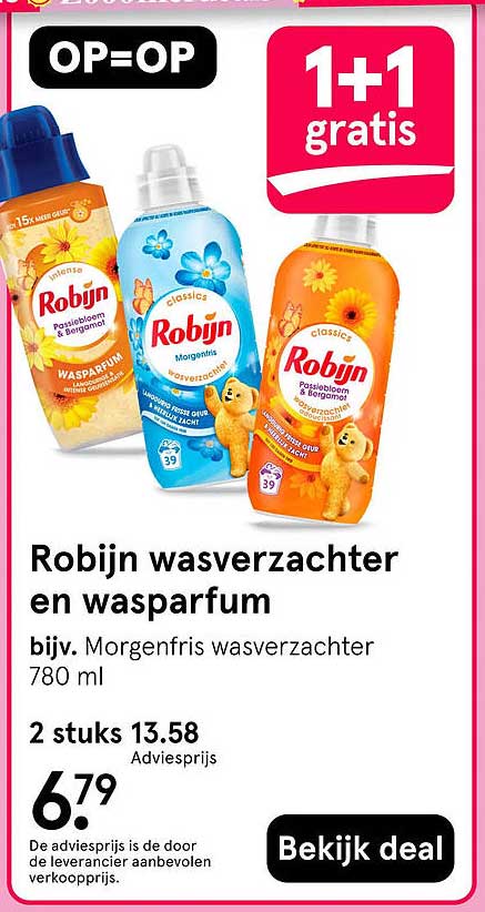 Robijn wasverzachter en wasparfum 1+1 gratis
