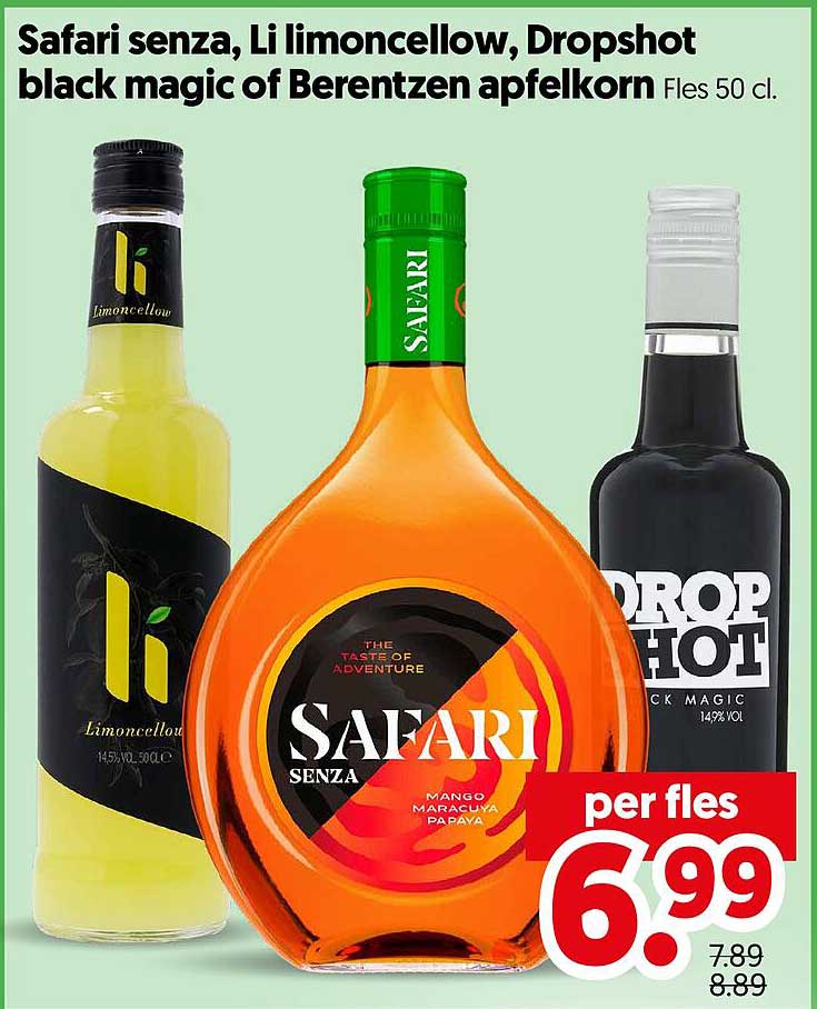 Safari senza, Li limoncellow, Dropshot black magic of Berentzen appelkorn Fles 50 cl.