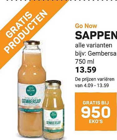 SAPPEN alle varianten bijv: Gembersap 750 ml GRATIS BIJ 950 EKO'S