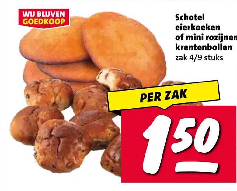 Schotel eierkoeken of mini rozijnen krentenbollen zak 4/9 stuks