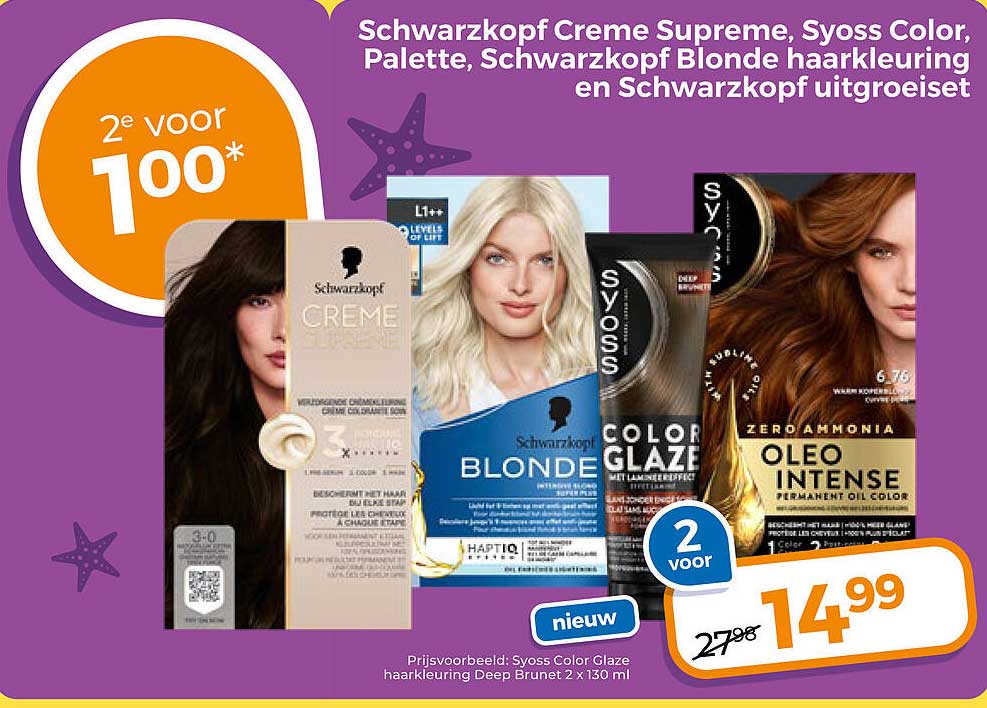 Schwarzkopf Creme Supreme, Syoss Color, Palette, Schwarzkopf Blonde haarkleuring en Schwarzkopf uitgroeiset 2e voor 100*