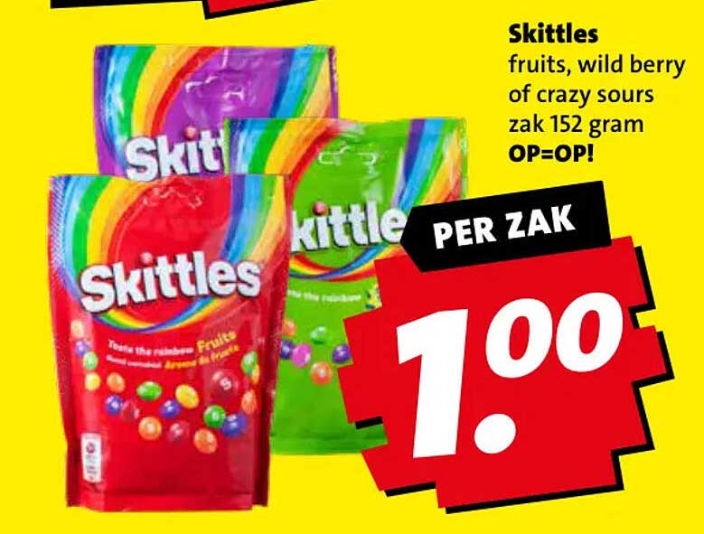 Skittles fruits, wild berry of crazy sours zak 152 gram OP=OP! PER ZAK
