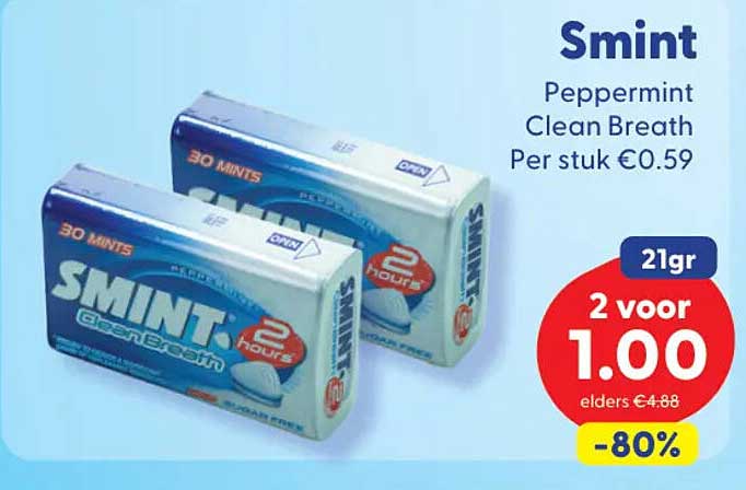 Smint Peppermint Clean Breath Per stuk €0.59 21gr 2 voor 1.00 -80%