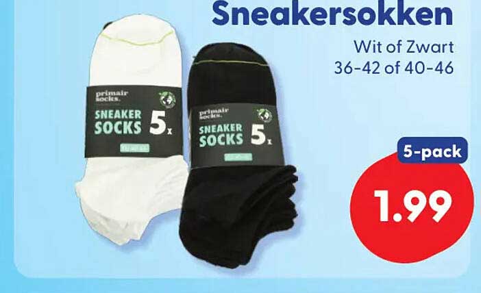 Sneakersokken Wit of Zwart 36-42 of 40-46 5-pack