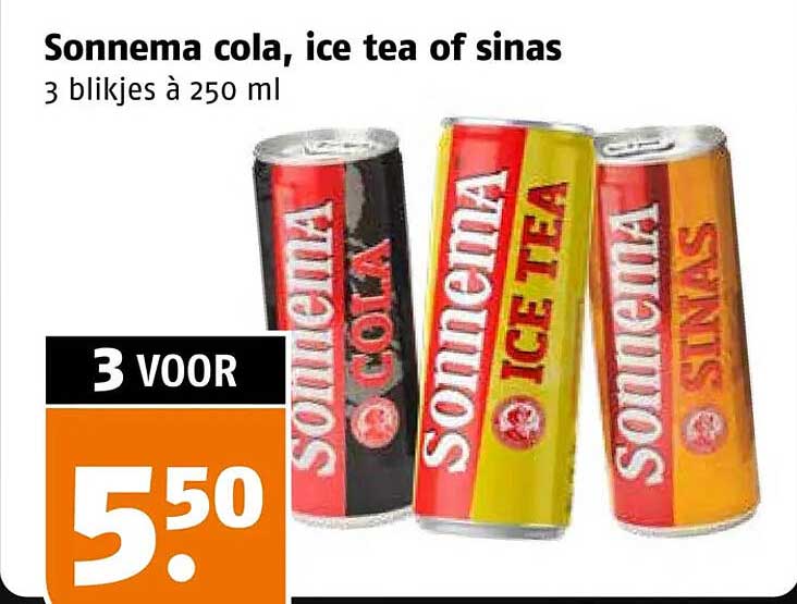 Sonema cola, ice tea of sinas 3 blikjes à 250 ml 3 voor 5,50