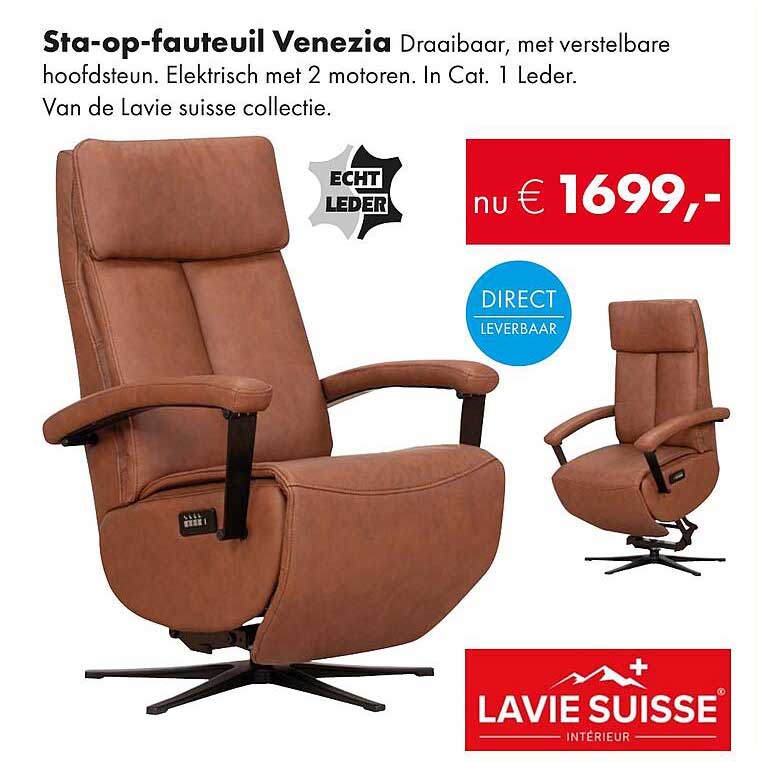 Sta-op-fauteuil Venezia Draaibaar, met verstelbare hoofdsteun. Elektrisch met 2 motoren. In Cat. 1 Leder. Van de Lavie suisse collectie.