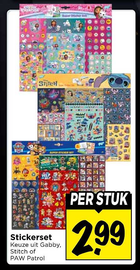 Stickerset Keuze uit Gabby, Stitch of PAW Patrol