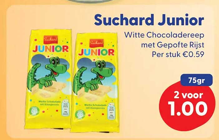 Suchard Junior Witte Chocoladereep met Gepofte Rijst 75gr 2 voor 1.00